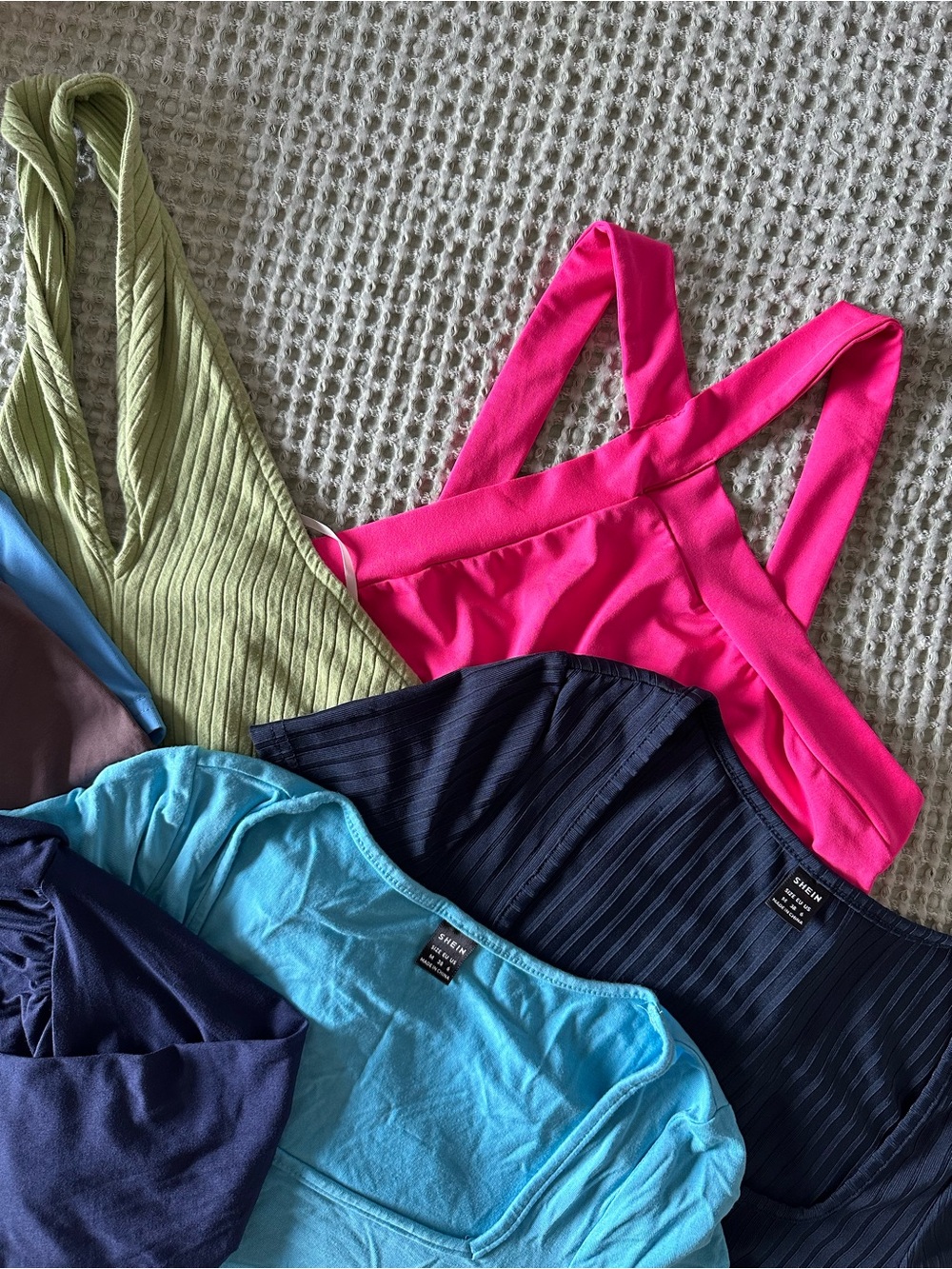 SHEIN Ribbed & Smooth Tops + Halter Bundle — Hot Pink, Lime, Navy & Light Blue